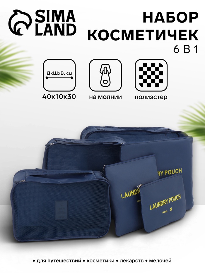 Дорожный набор органайзеров-косметичек на молниях, 6 в 1, синий - Фото 1