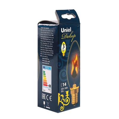 Лампа накаливания Uniel, C35, E14, 3 Вт, 230 В, свеча, эффект пламени, прозрачная