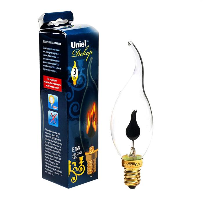 Лампа накаливания Uniel, CW35, 3 Вт, E14, 230 В, свеча на ветру, прозрачная - Фото 1