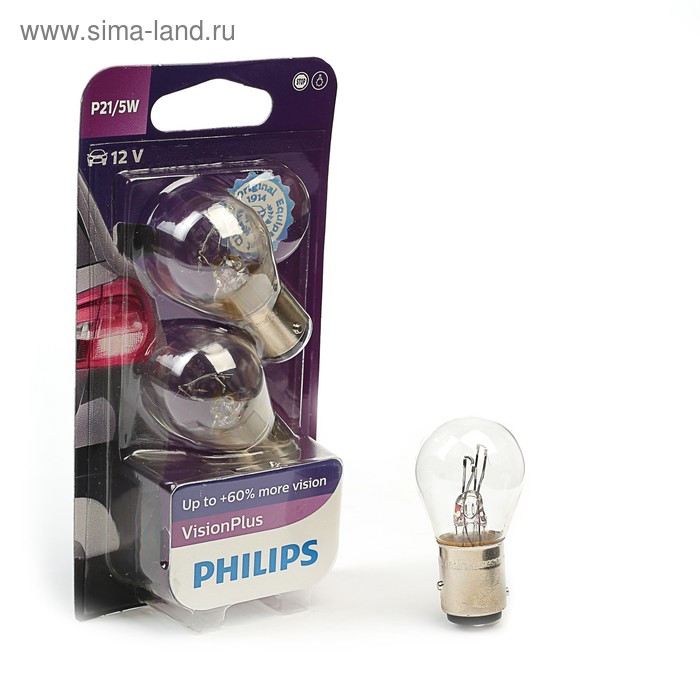 Лампа автомобильная Philips Vision Plus +60%, P21/5W, 12 В, 3 Вт, 12499 VPB2, набор 2 шт - Фото 1