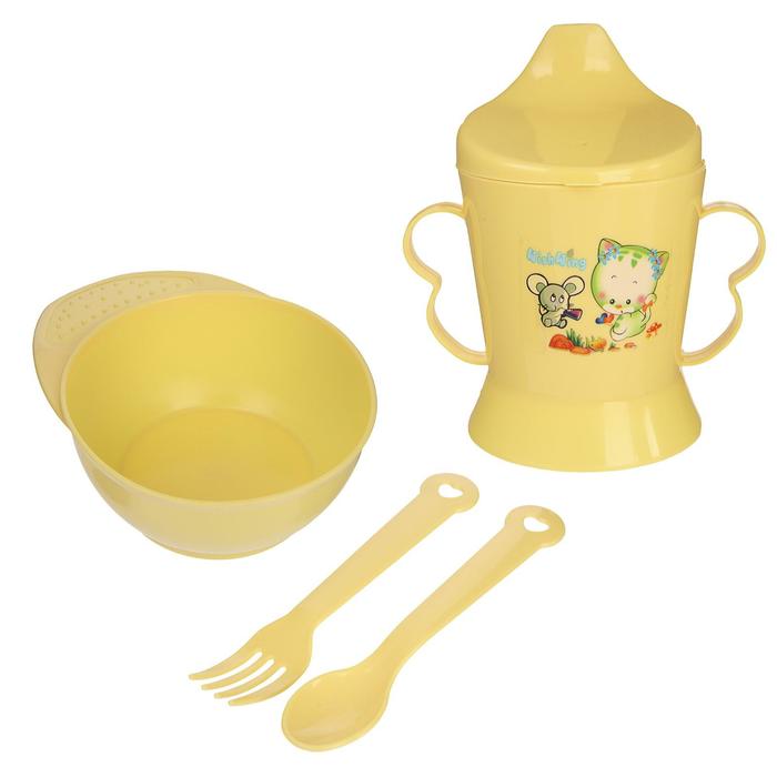 Набор детской посуды, 4 предмета: миска, ложка, вилка, поильник с твёрдым носиком 200 мл, цвета МИКС - фото 1906917925