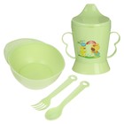 Набор детской посуды, 4 предмета: миска, ложка, вилка, поильник с твёрдым носиком 200 мл, цвета МИКС - фото 8382462