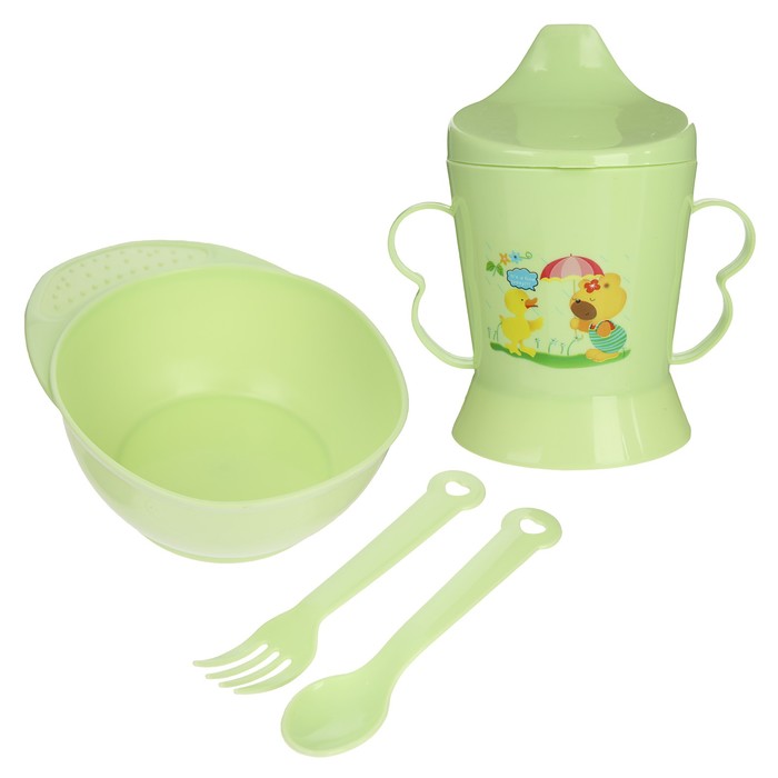Набор детской посуды, 4 предмета: миска, ложка, вилка, поильник с твёрдым носиком 200 мл, цвета МИКС - фото 1906917923