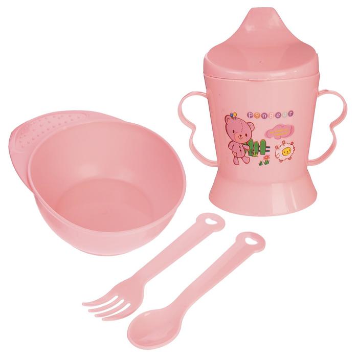 Набор детской посуды, 4 предмета: миска, ложка, вилка, поильник с твёрдым носиком 200 мл, цвета МИКС - фото 1906917926