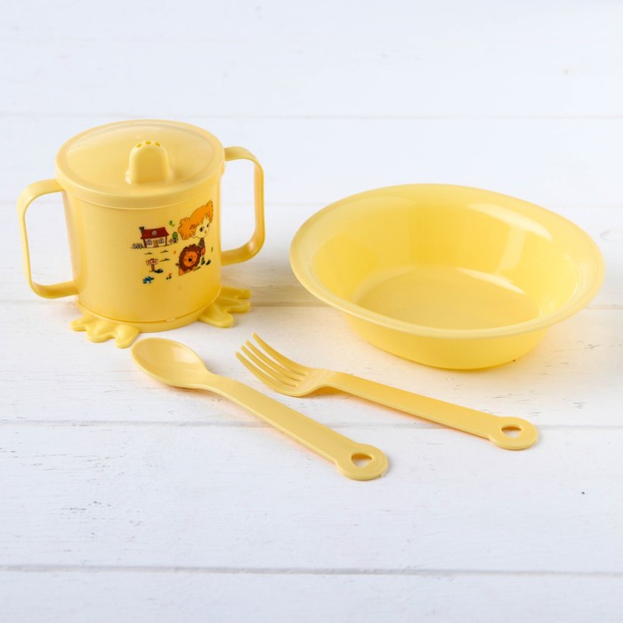 Набор детской посуды, 4 предмета: миска, ложка, вилка, поильник с твёрдым носиком 200 мл, цвета МИКС - фото 1908375485