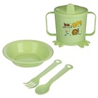 Набор детской посуды, 4 предмета: миска, ложка, вилка, поильник с твёрдым носиком 200 мл, цвета МИКС - фото 4241492
