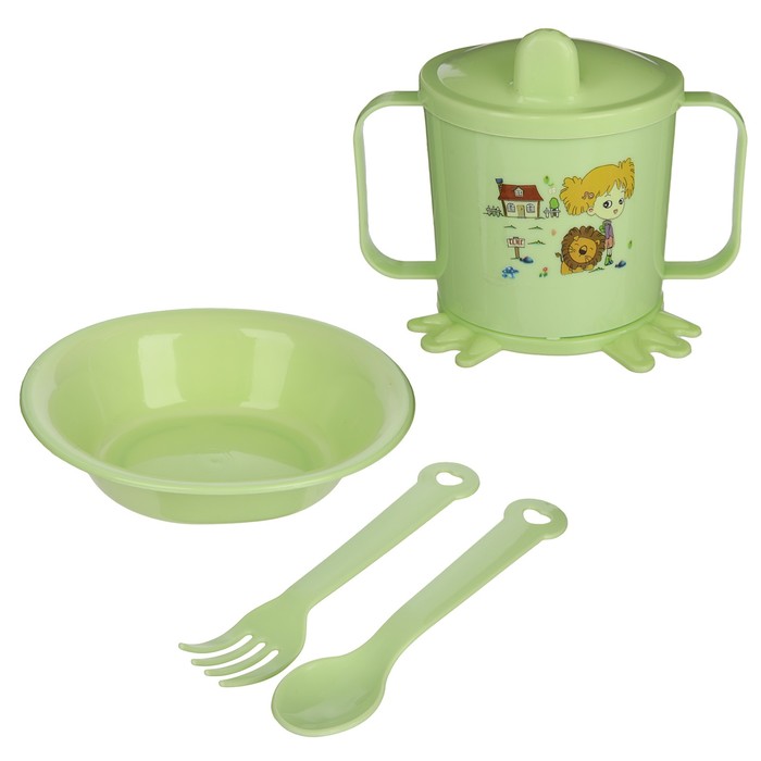 Набор детской посуды, 4 предмета: миска, ложка, вилка, поильник с твёрдым носиком 200 мл, цвета МИКС - фото 1908375491