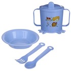 Набор детской посуды, 4 предмета: миска, ложка, вилка, поильник с твёрдым носиком 200 мл, цвета МИКС - фото 9094379