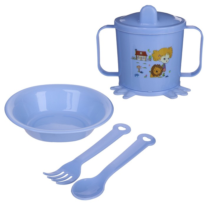 Набор детской посуды, 4 предмета: миска, ложка, вилка, поильник с твёрдым носиком 200 мл, цвета МИКС - фото 1908375493