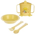 Набор детской посуды, 4 предмета: миска, ложка, вилка, поильник с твёрдым носиком 200 мл, цвета МИКС - фото 4241495