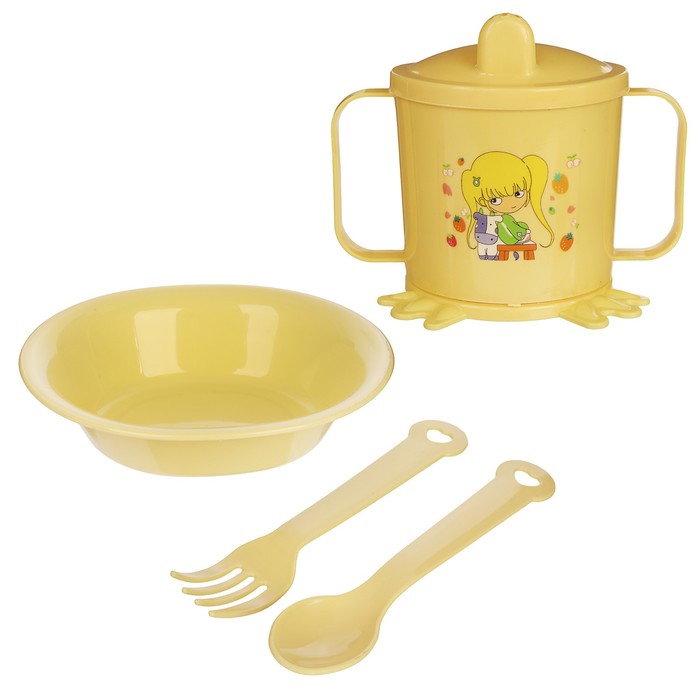 Набор детской посуды, 4 предмета: миска, ложка, вилка, поильник с твёрдым носиком 200 мл, цвета МИКС - фото 1908375494