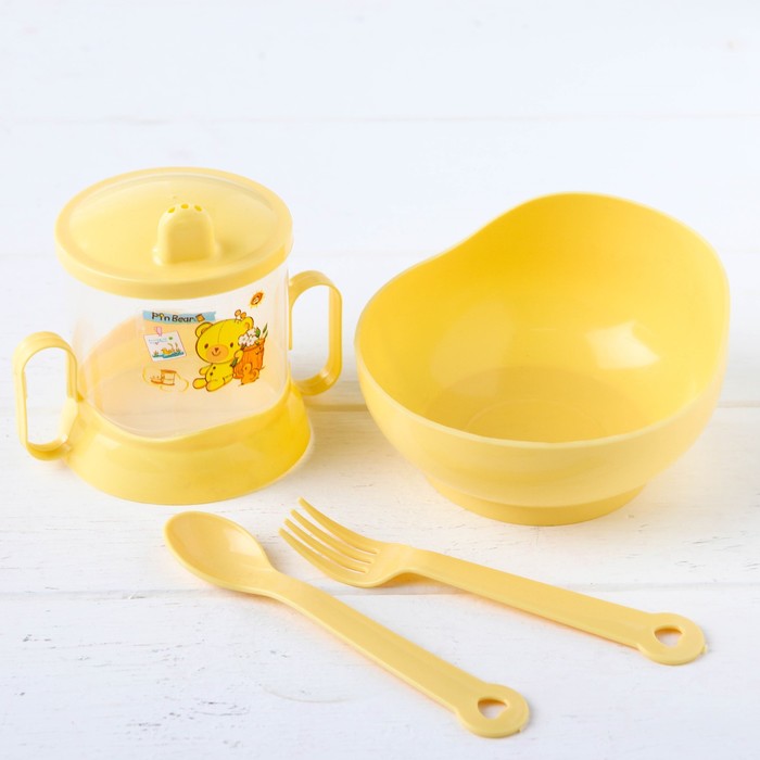 Набор детской посуды, 4 предмета: миска, ложка, вилка, поильник с твёрдым носиком 200 мл, цвета МИКС - фото 1906917945