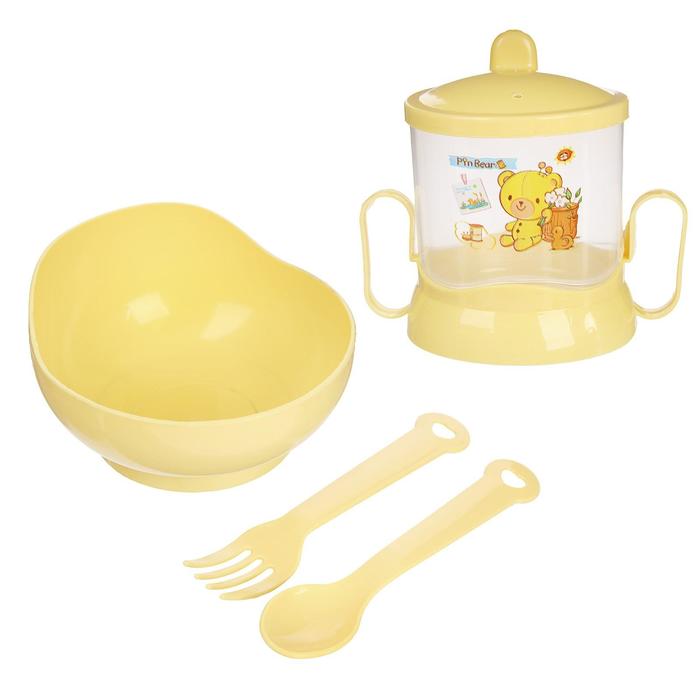 Набор детской посуды, 4 предмета: миска, ложка, вилка, поильник с твёрдым носиком 200 мл, цвета МИКС - фото 1906917952