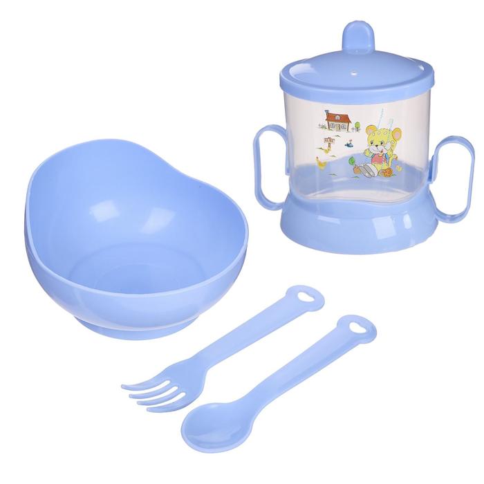 Набор детской посуды, 4 предмета: миска, ложка, вилка, поильник с твёрдым носиком 200 мл, цвета МИКС - фото 1906917951