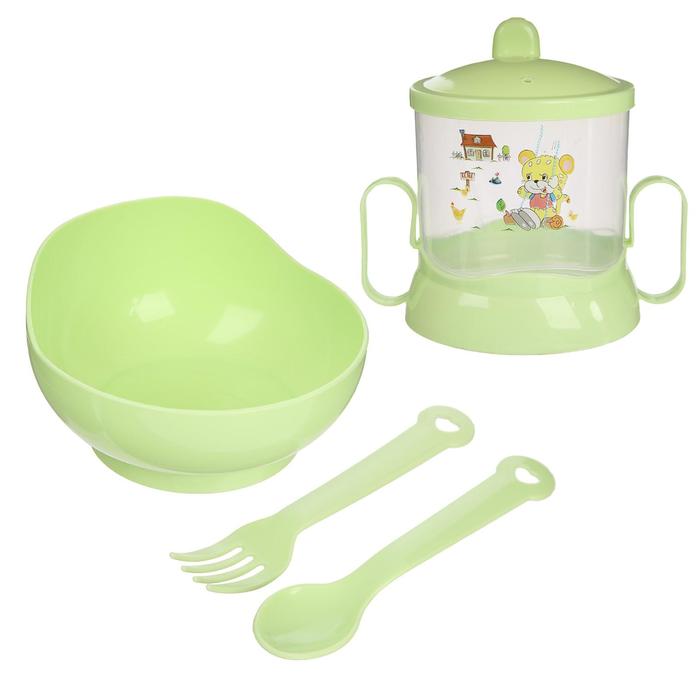 Набор детской посуды, 4 предмета: миска, ложка, вилка, поильник с твёрдым носиком 200 мл, цвета МИКС - фото 1906917950