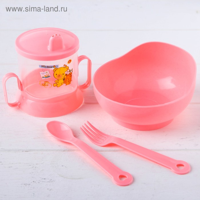 Набор детской посуды, 4 предмета: миска, ложка, вилка, поильник с твёрдым носиком 200 мл, цвета МИКС - Фото 1