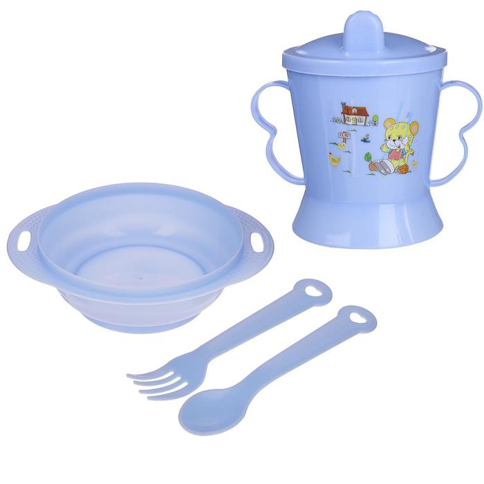 Набор детской посуды, 4 предмета: миска, ложка, вилка, поильник с твёрдым носиком 200 мл, цвета МИКС - фото 1887782968