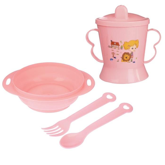 Набор детской посуды, 4 предмета: миска, ложка, вилка, поильник с твёрдым носиком 200 мл, цвета МИКС - фото 1887782967