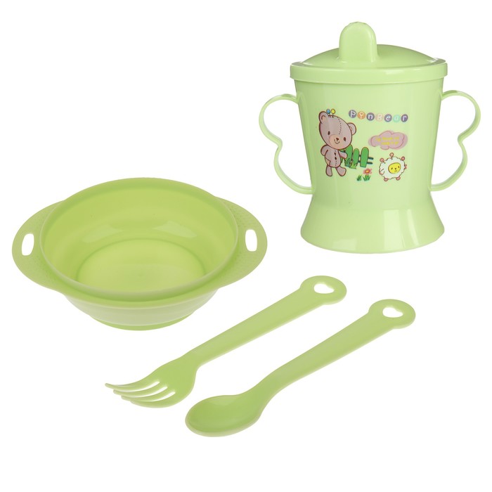 Набор детской посуды, 4 предмета: миска, ложка, вилка, поильник с твёрдым носиком 200 мл, цвета МИКС - фото 1887782966