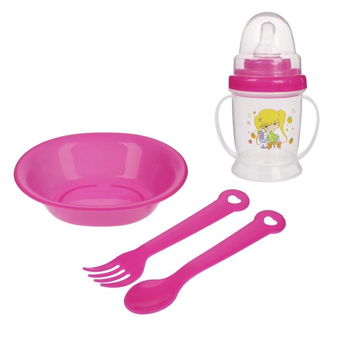 Набор детской посуды, 4 предмета: миска, ложка, вилка, бутылочка 200 мл, цвета МИКС - фото 1887782976