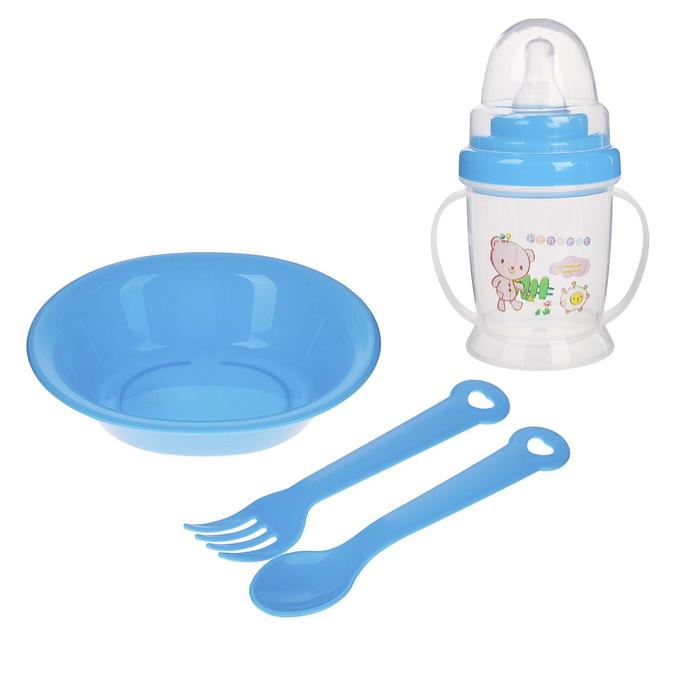 Набор детской посуды, 4 предмета: миска, ложка, вилка, бутылочка 200 мл, цвета МИКС - фото 1906917982