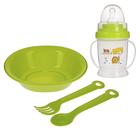 Набор детской посуды, 4 предмета: миска, ложка, вилка, бутылочка 200 мл, цвета МИКС - фото 4241519