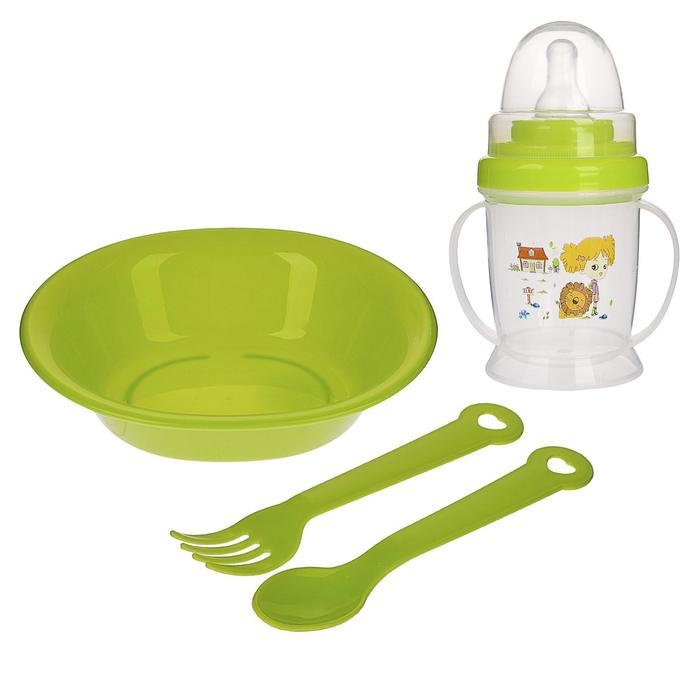 Набор детской посуды, 4 предмета: миска, ложка, вилка, бутылочка 200 мл, цвета МИКС - фото 1906917983