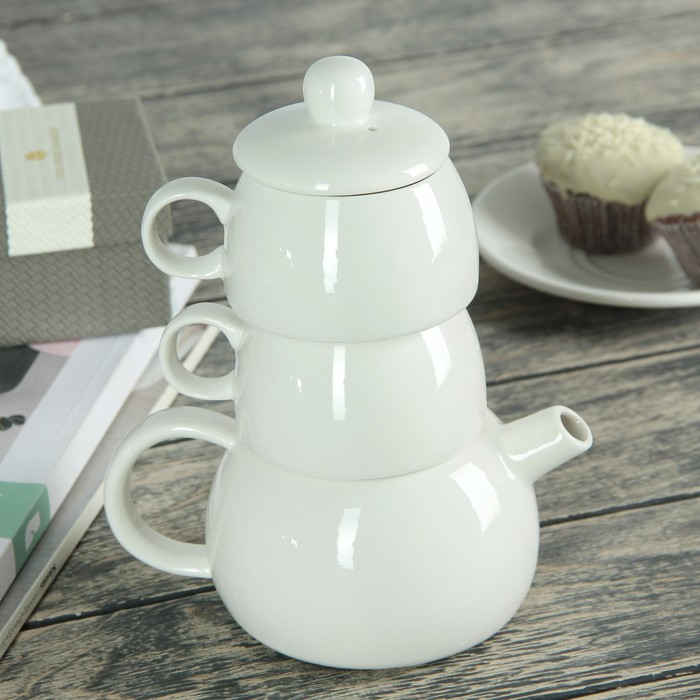 Набор керамический чайный «Чай для двоих», 3 предмета: чайник 400 мл, 2 чашки 200 мл - фото 1909848871