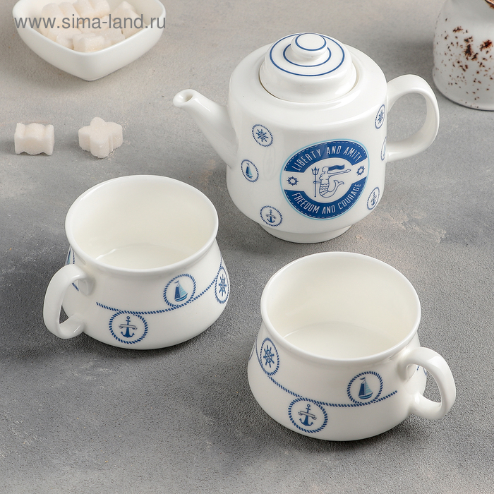 Набор чайный "Морской стиль", 3 предмета: чайник 450 мл, 2 чашки 200 мл - Фото 1