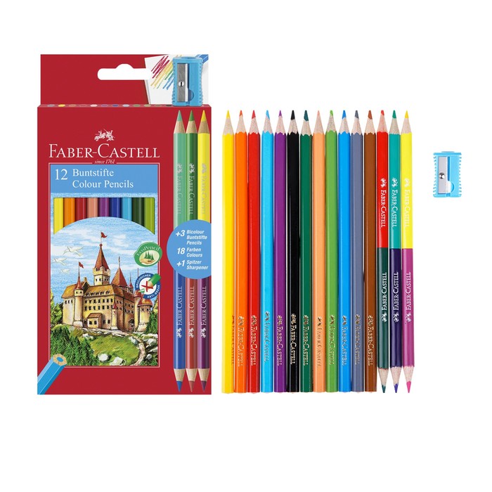 Карандаши 12 цветов Faber-Castell «Замок» шестигранные + 3 двухцветных карандаша + точилка - Фото 1