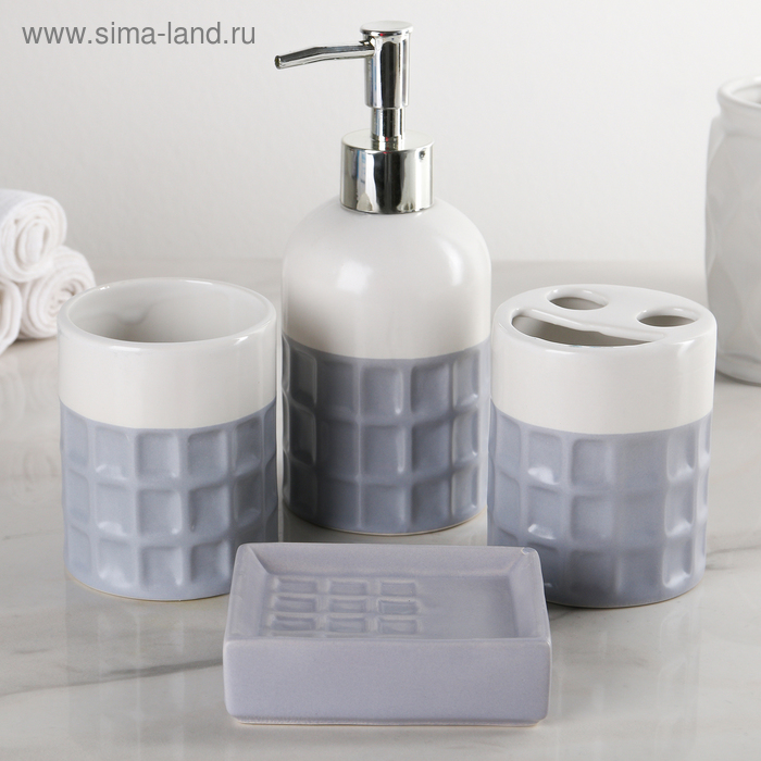 Набор аксессуаров для ванной комнаты «Плитка», 4 предмета (дозатор, мыльница, 2 стакана), цвет серый - Фото 1