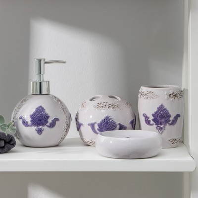 Набор аксессуаров для ванной комнаты Доляна «Фиолет», 4 предмета (дозатор 450 мл, мыльница, 2 стакана), цвет фиолетовый
