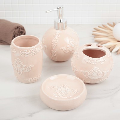 Набор аксессуаров для ванной комнаты Доляна «Орхидея», 4 предмета (дозатор 400 мл, мыльница, 2 стакана), цвет розовый