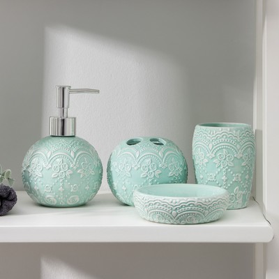Набор аксессуаров для ванной комнаты Доляна «Розы. Узор», 4 предмета (дозатор 400 мл, мыльница, 2 стакана), цвет голубой