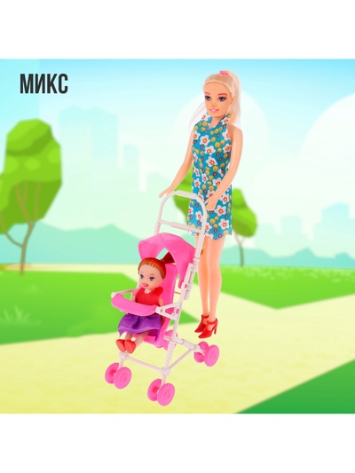 Кукла-модель «Мама с дочкой» с коляской, МИКС