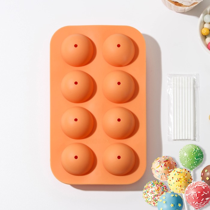 Форма для выпечки «Кейкпопс», силикон, 19.5×11.7×3.5 см, 8 ячеек, 2 части, с палочками, МИКС - Фото 1