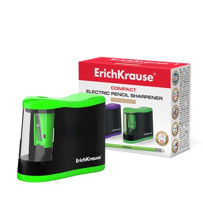 Точилка 1 отверстие ErichKrause Compact, электрическая, с контейнером, работает от 2-х батареек типа АА, отверстие диаметром 8 мм, микс