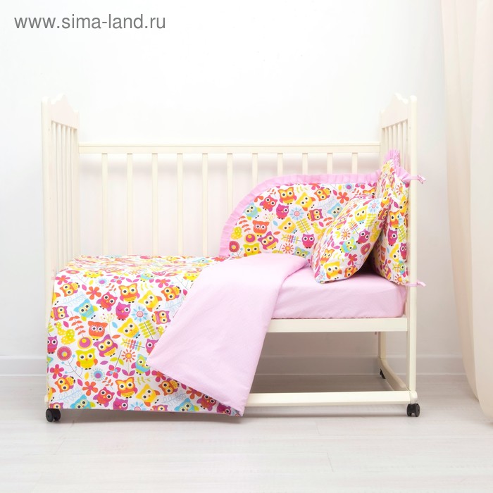 Комплект в кроватку (4 предмета), диз. совята с горошком на розовом,  синтепон - Фото 1