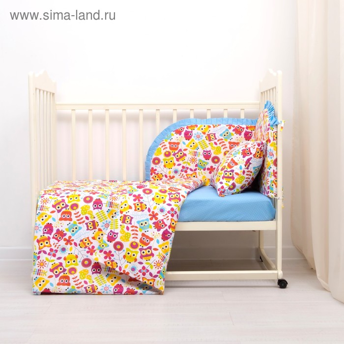 Комплект в кроватку (4 предмета), диз. совята с горошком на голубом - Фото 1