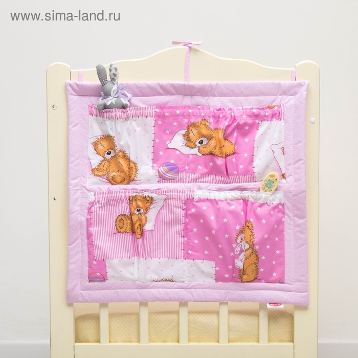Органайзер на детскую кроватку горошек на розовом + мишки на розовом, синтепон, бязь 140г/м   286975 - Фото 1