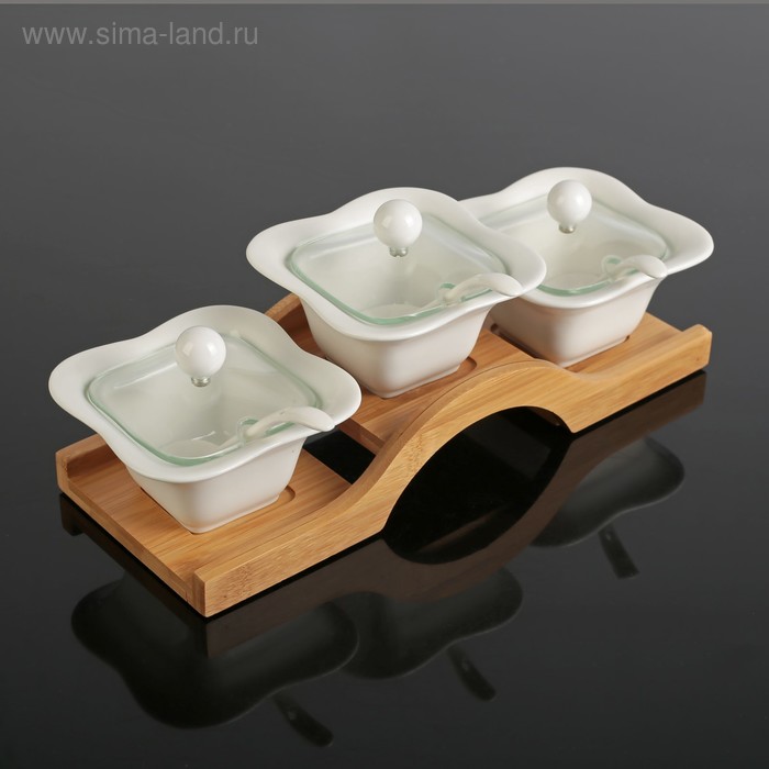 Набор банок керамических для специй на деревянной подставке «Эстет», 3 предмета - Фото 1
