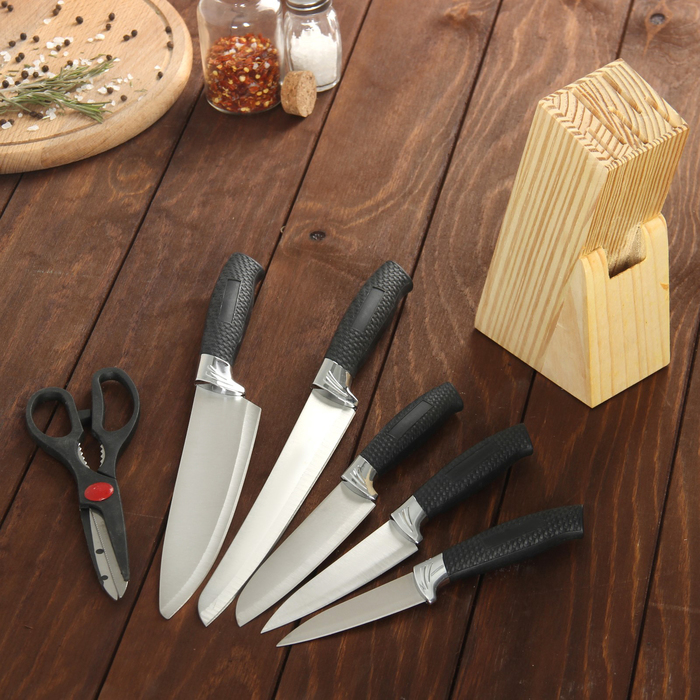 Набор ножей кухонных на подставке, 6 предметов: 5 ножей 8,5 см, 12 см, 12 см, 19,7 см, 19 см, ножницы, цвет чёрный - фото 1906919457