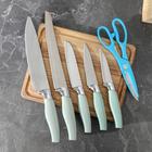 Набор ножей кухонных на подставке, 6 предметов: 5 ножей 8,5 см, 12 см, 12 см, 19,7 см, 19 см, ножницы, цвет голубой - Фото 2