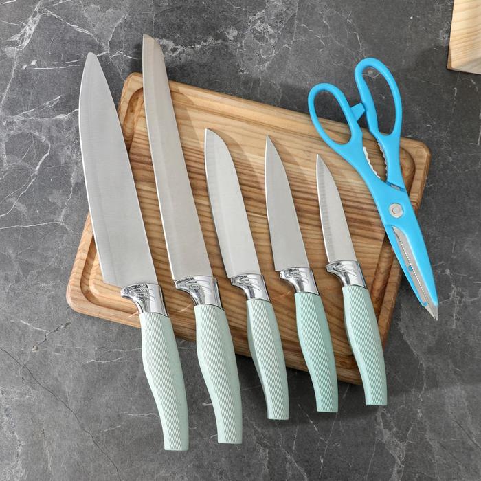 Набор ножей кухонных на подставке, 6 предметов: 5 ножей 8,5 см, 12 см, 12 см, 19,7 см, 19 см, ножницы, цвет голубой - фото 1927380761