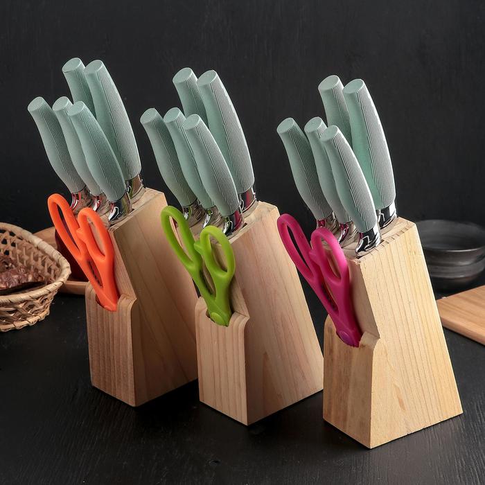 Набор ножей кухонных на подставке, 6 предметов: 5 ножей 8,5 см, 12 см, 12 см, 19,7 см, 19 см, ножницы, цвет голубой - фото 1927380766