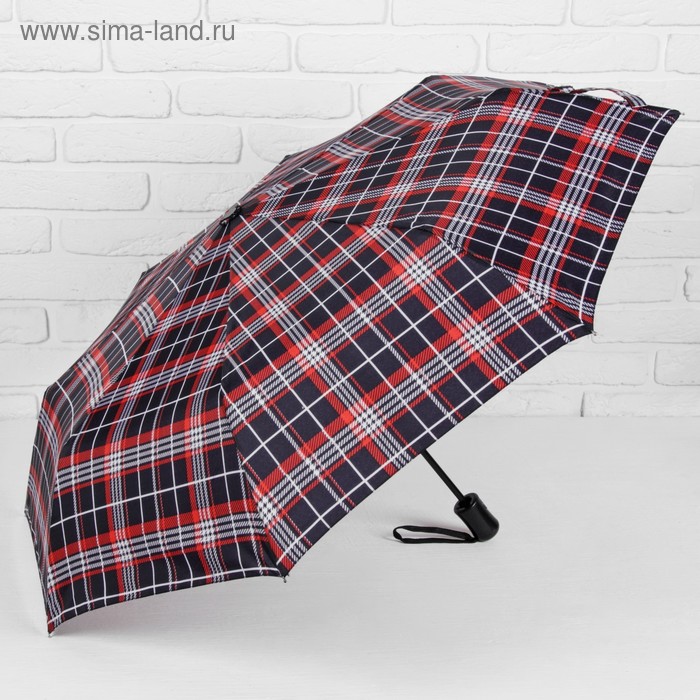 Зонт автоматический «Клетка», 3 сложения, 8 спиц, R = 49 см, цвет чёрный/красный