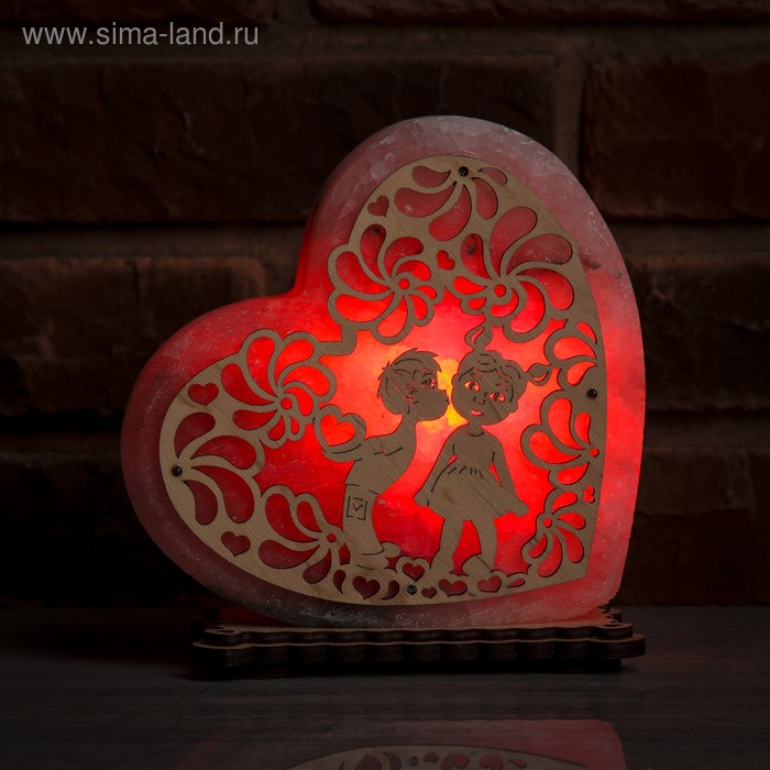 Соляной светильник "Большое сердце с узором", деревянный декор, цельный кристалл, 18 х 17 х 6 см - Фото 1