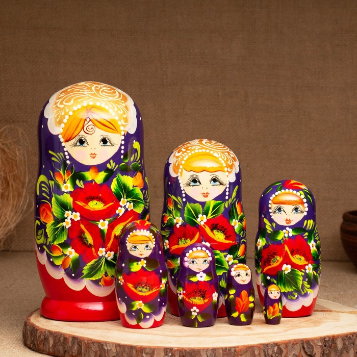 Матрёшка «Маки», фиолетовый платок, 7 кукольная, 22 см - Фото 1