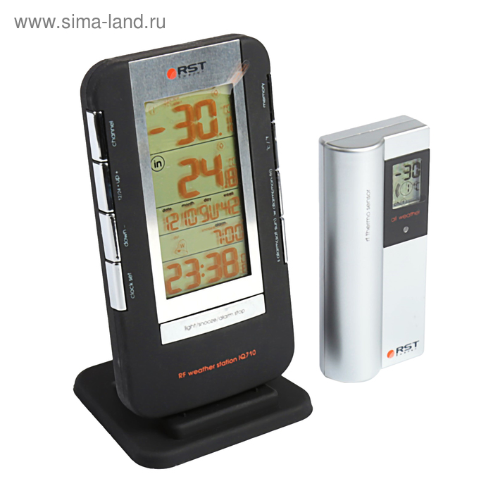 Термометр RST 02710, цифровой, радио-датчик, часы, прорезиненный корпус, календарь, черный - Фото 1