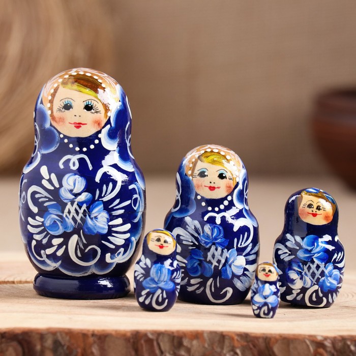 Матрёшка дерево «Гжель», т. синее платье, 5 кукольная, 10 см - Фото 1